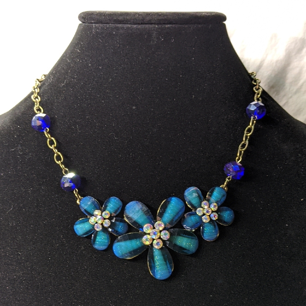 Floral Necklace, Blue Green W/ Facets, Iridescent Beads, AB Crystals, Adjustable